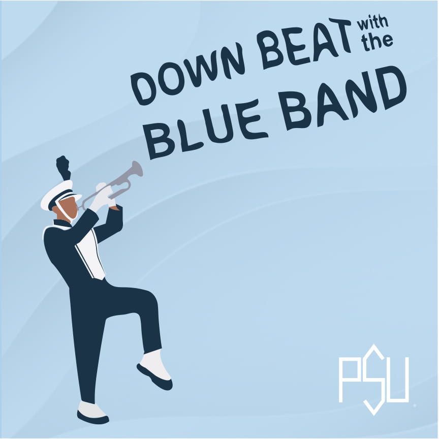 Illustration of a Blue Band member with "Down Beat with the Blue Band" text.